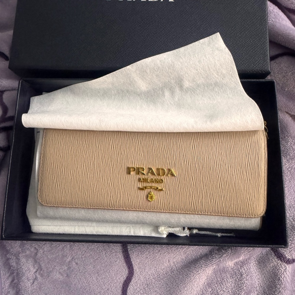 Prada Tan Leather Wallet with Gold Logo